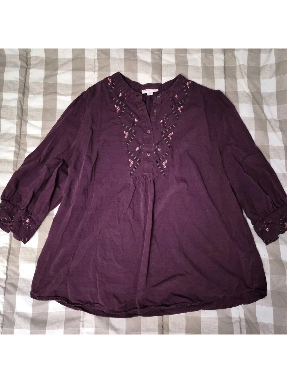 Size XXL Knox Rose Purple Maroon Blouse Top Womens Embroidered Detail 3/4 Sleeve